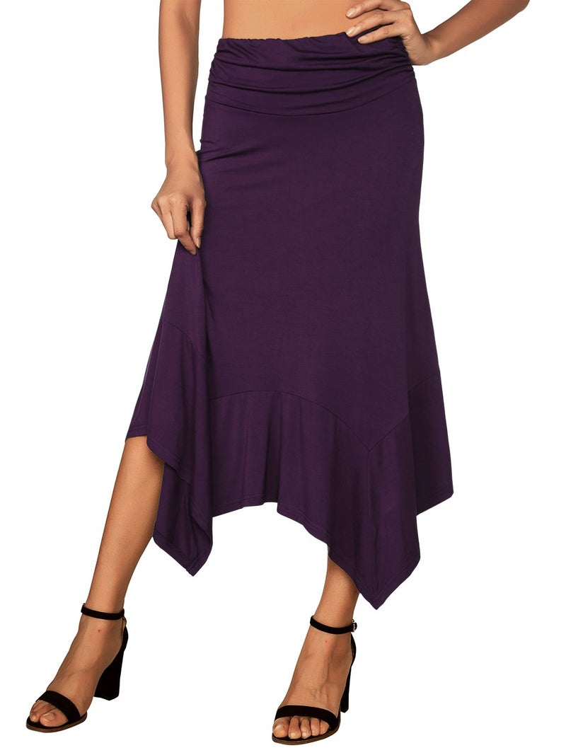 DJT Women's Ruched Elastic Waist Soft Flowy Handkerchief Hem Midi Swing Skirt XX-Large Purple - Image 2